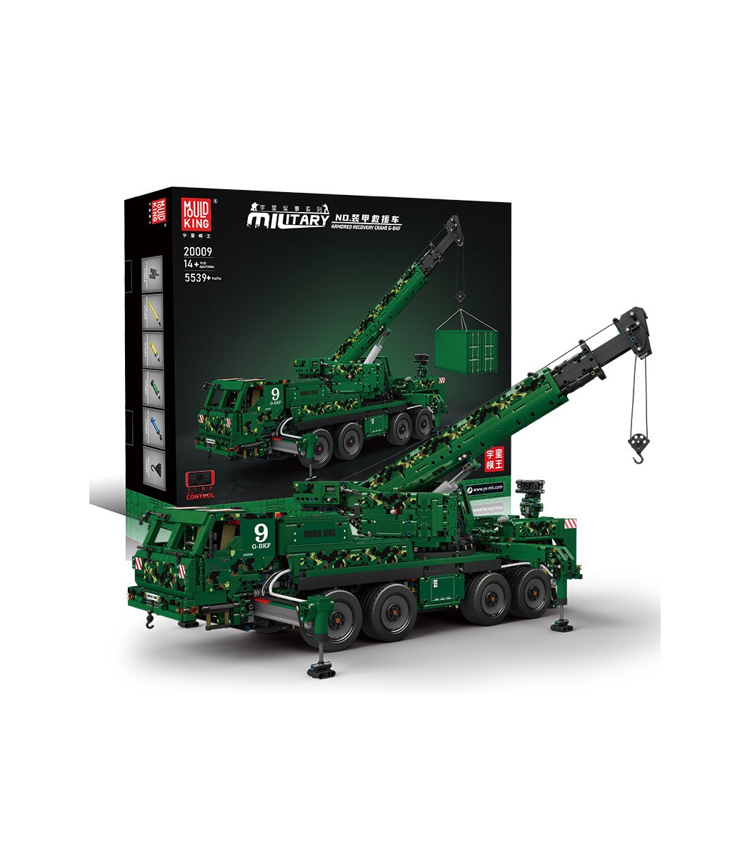 MOULD KING 20009 Armored Recovery Crane G-BKF Military Series Remote  Control Building Blocks Toy Set 