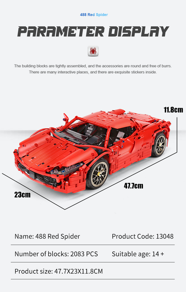 MOULD KING 13048 Ferrari 488 Ensemble de blocs de construction de supercar araignée rouge