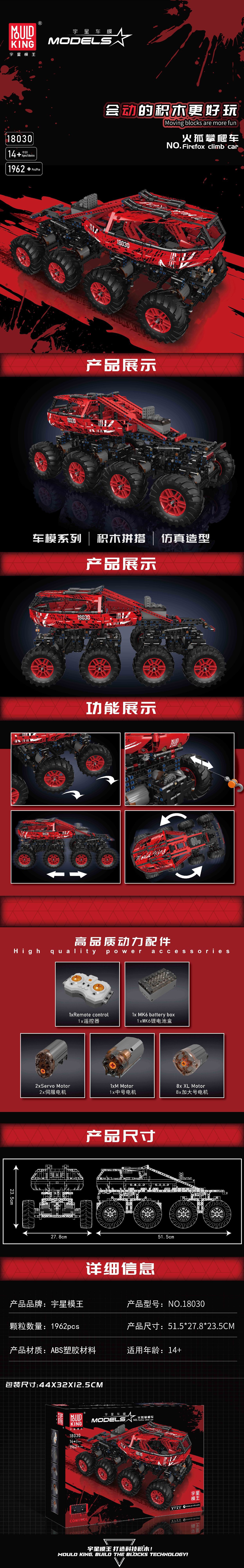 MOLD KING 18030 Red Firefox Climb Car Model Series Bausteine Spielzeugset