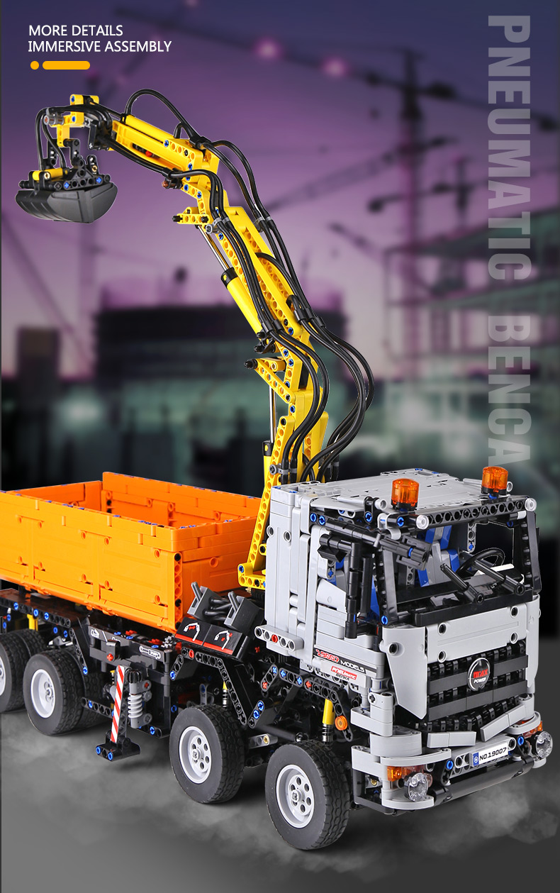 MOULD KING 19007 Juego de bloques de construcción de control remoto de camión neumático Arocs de alta tecnología