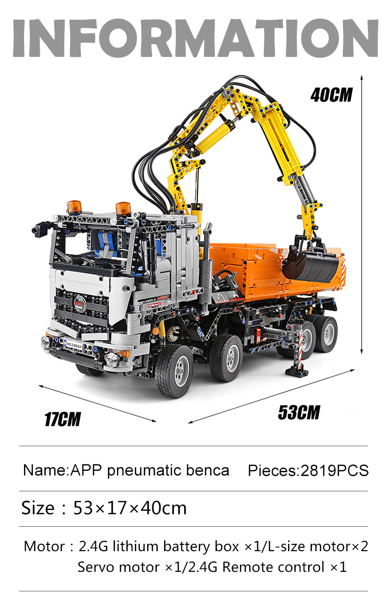 MOULD KING 19007 – camion pneumatique Arocs de haute technologie, blocs de construction télécommandés, ensemble de jouets