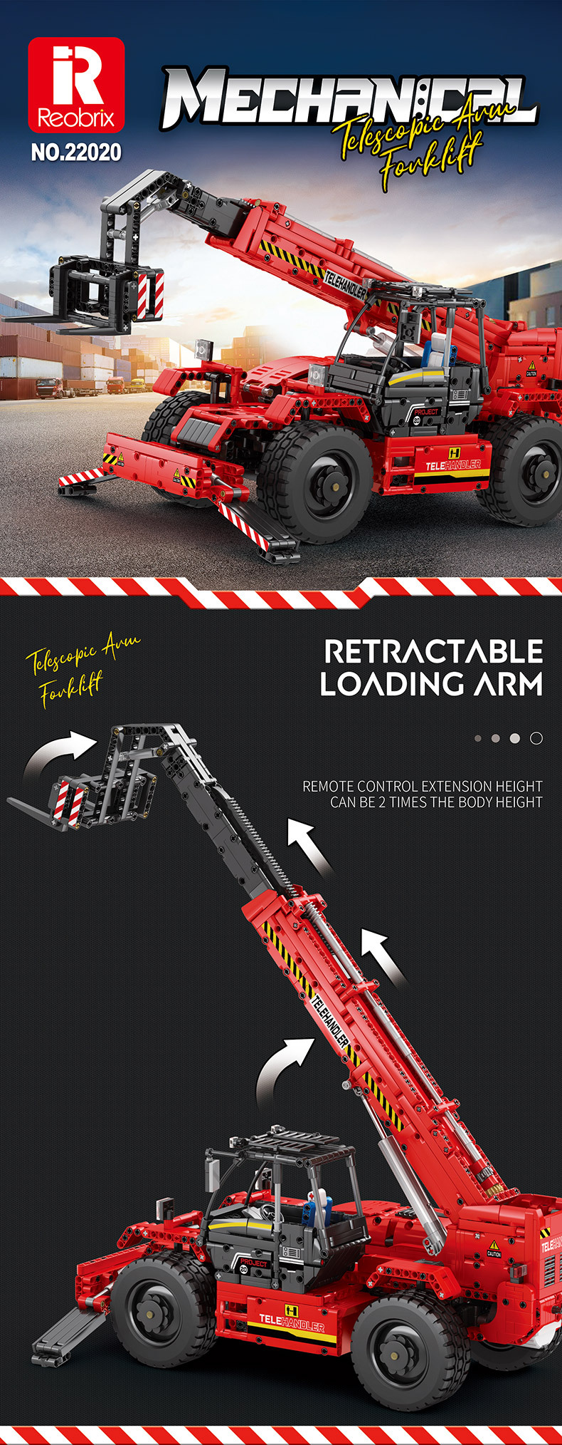REOBRIX 22020 Teleskop-Gabelstapler-Technologie, Maschinenserie, Bausteine, Spielzeugset