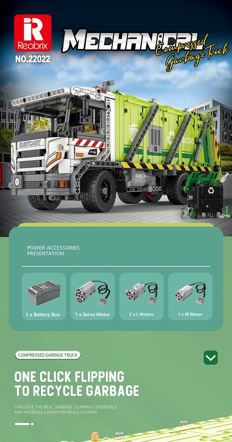 REOBRIX 22022 Compression Garbage Truck Technology Machinery Series Building Blocks Toy Set