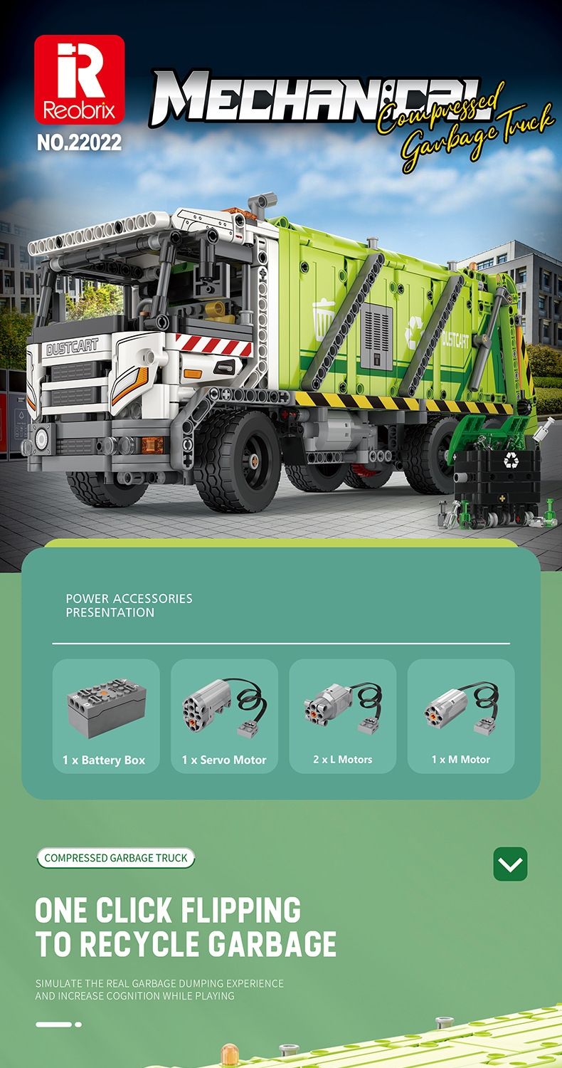 REOBRIX 22022 Kompressions-Müllwagen-Technologie, Maschinenserie, Bausteine, Spielzeugset