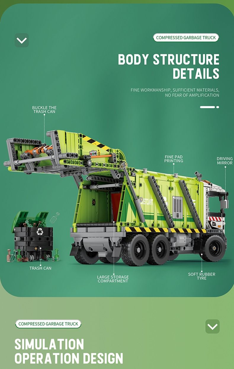 REOBRIX 22022 Compression Garbage Truck Technology Machinery Series Building Blocks Toy Set