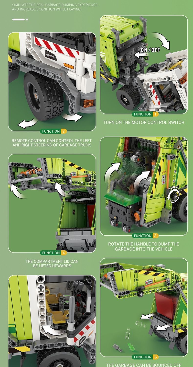 REOBRIX 22022 Compression Garbage Truck Technology Machinery Series Building Blocks Toy Set