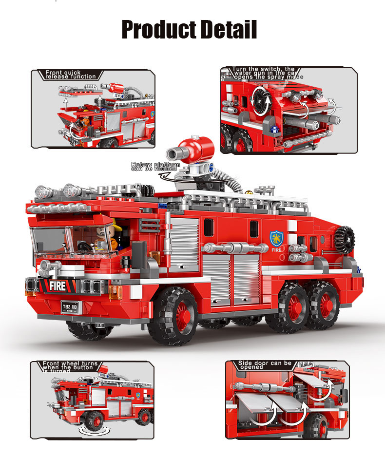 720PCS MOC Water Tank Fire Truck Engine Building Blocks Bricks Model Figure New 