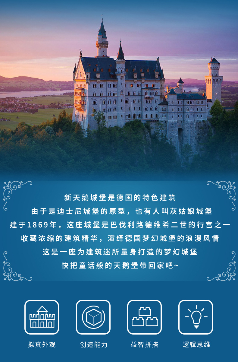 XINGBAO05002ノイシュヴァンシュタイン城の新しい白鳥の石の城のビルディングブロックのおもちゃセット