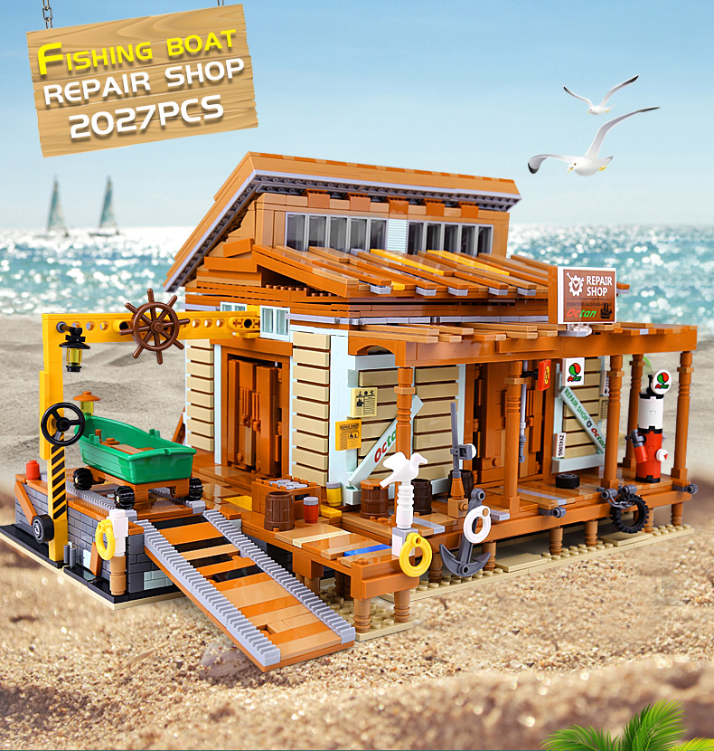 XINYU XQ12004 Street View série de construction bateau de pêche réparation usine briques de construction ensemble de jouets