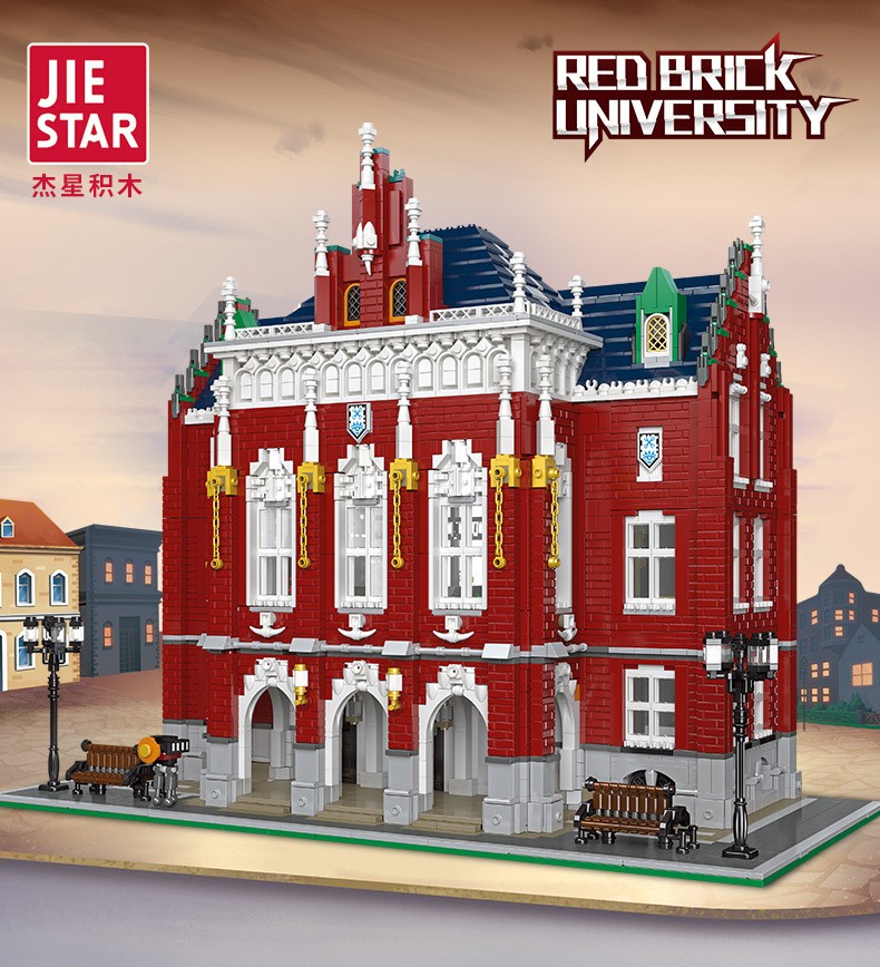 JIESTAR 89123 Street View Series Ensemble de jouets de bloc de construction universitaire en brique rouge