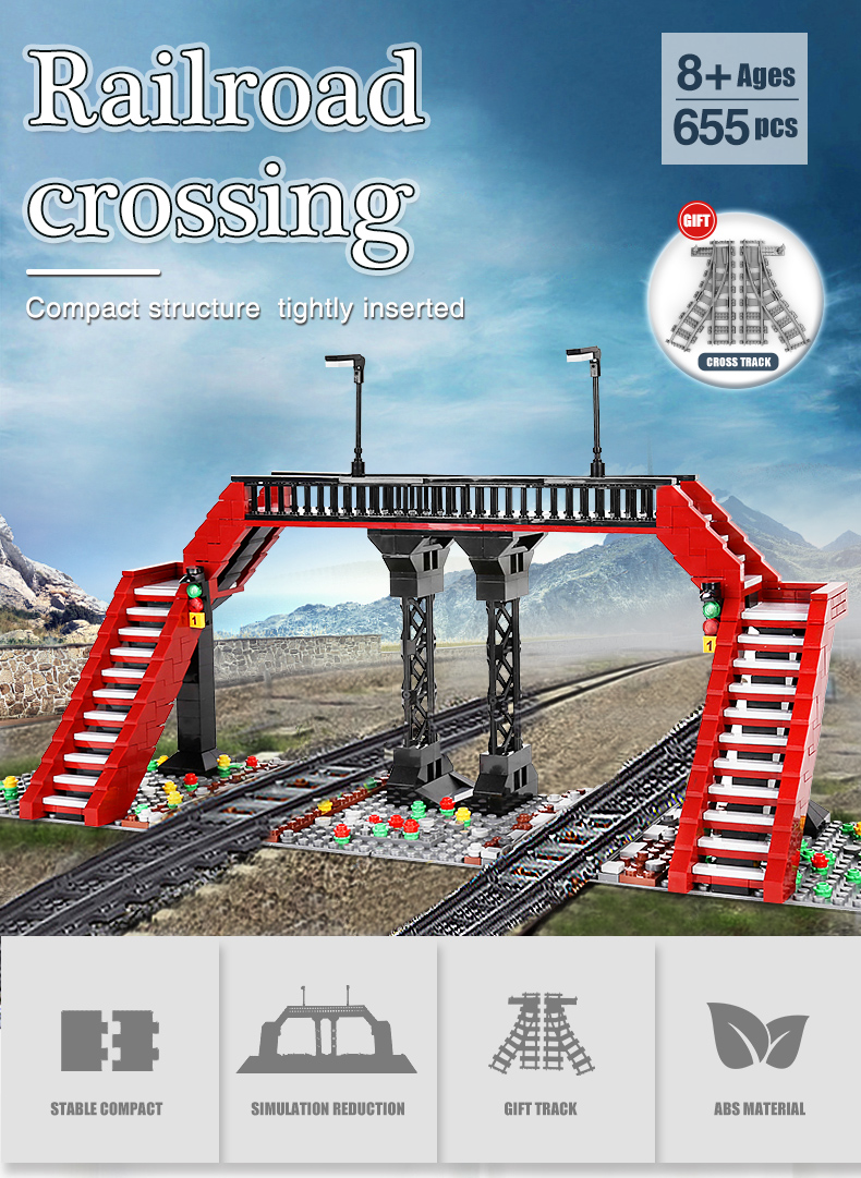 MOULD KING 12008 World Railway Railroad Crossing Model Building Blocks Toy  Set 