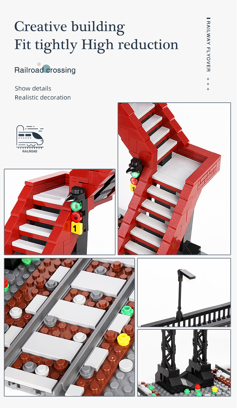 MOLD KING 12008 Piezas de tren el juego de juguetes de bloques de construcción de modelo de cruce de ferrocarril