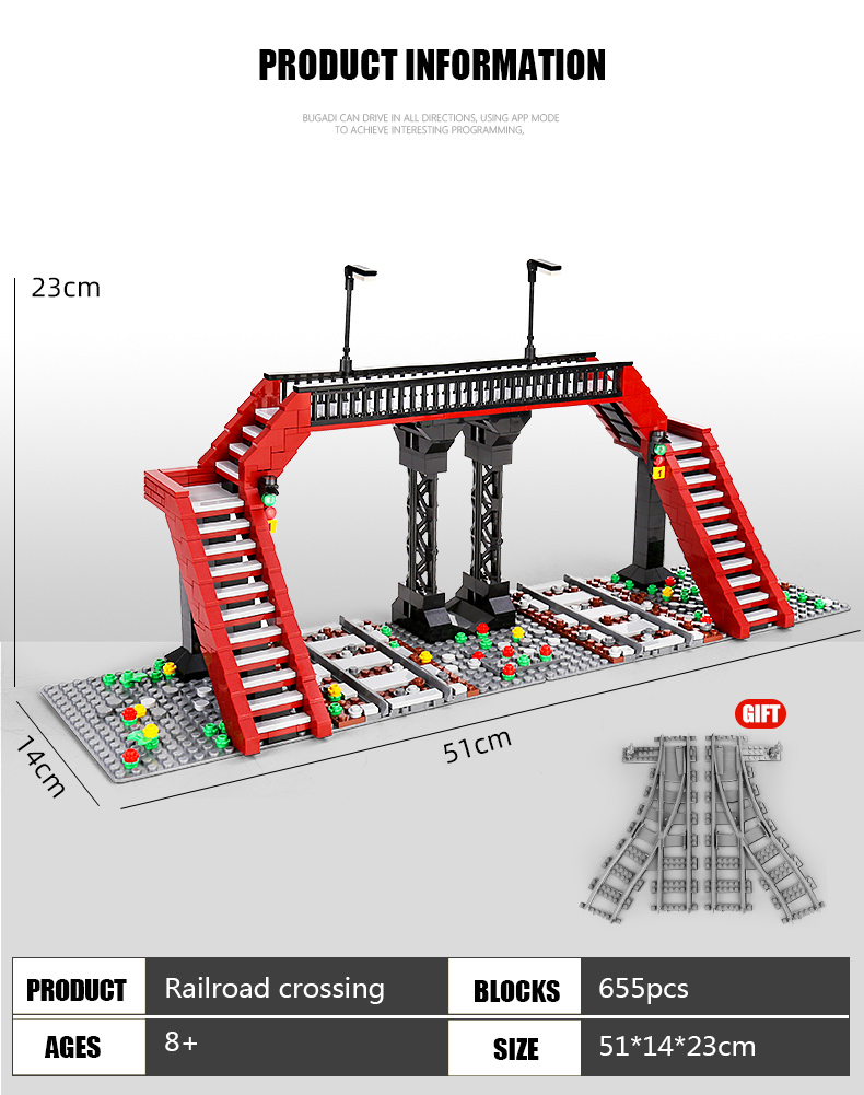 MOLD KING 12008 Piezas de tren el juego de juguetes de bloques de construcción de modelo de cruce de ferrocarril