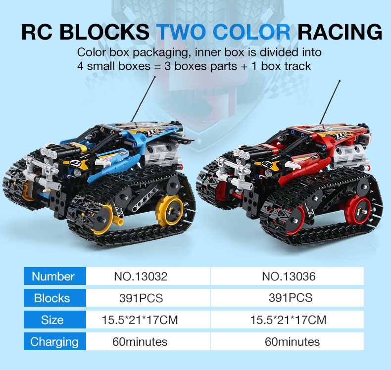 MOULD KING 13032 Mini Tank RC Track Stunt Car Blue Building Blocks Toy Set