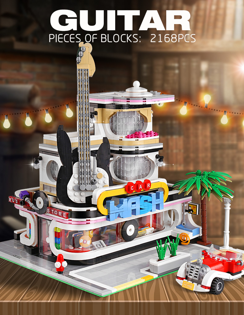 MOULD KING 16002 Guitar Shop Nova Town with LED Lights Building Blocks Toy Set