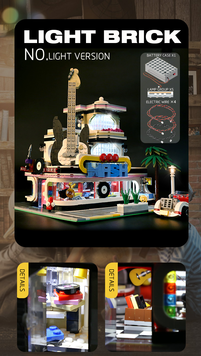 MOULD KING 16002 Guitar Shop Nova Town with LED Lights Building Blocks Toy Set