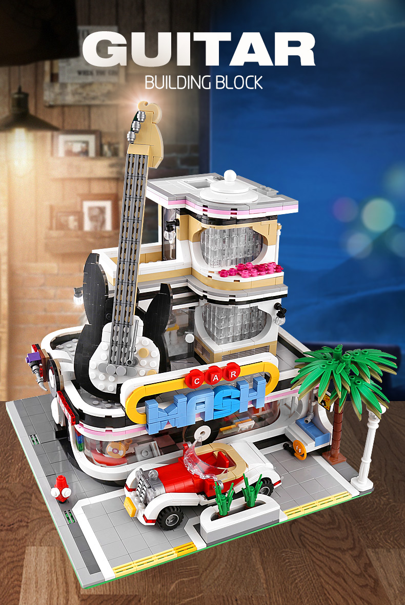 MOULD KING 16002 Guitar Shop Nova Town with LED Lights Building Blocks Toy Set