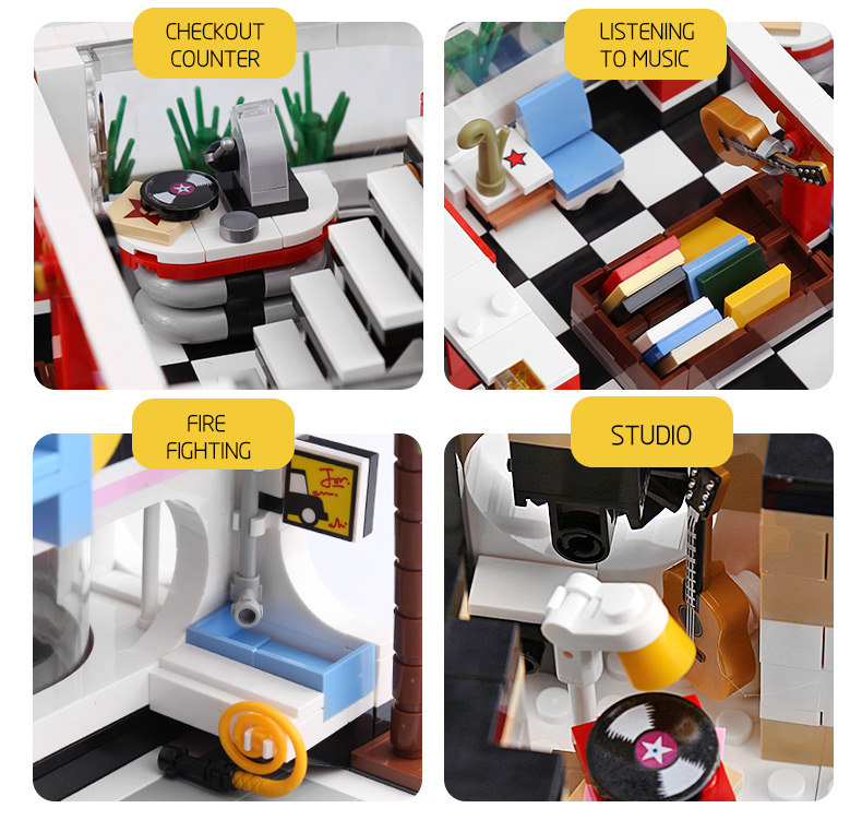MOULD KING 16002 Guitar Shop Nova Town with LED Lights Building Blocks Toy Set