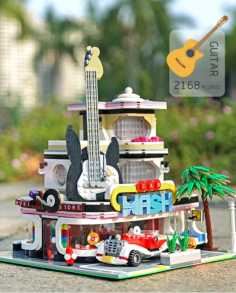MOULD KING 16002 Guitar Shop Nova Town with LED Lights Building Blocks Toy Set