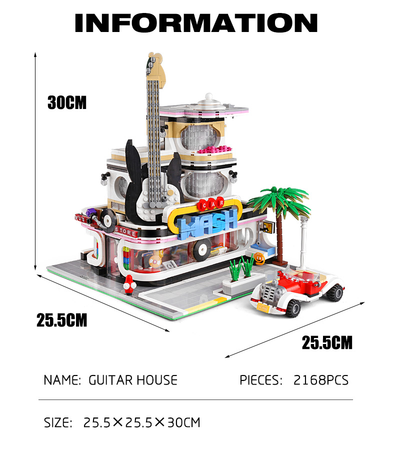 MOULD KING 16002 Guitar Shop Nova Town with LED Lights Building Blocks Toy Set