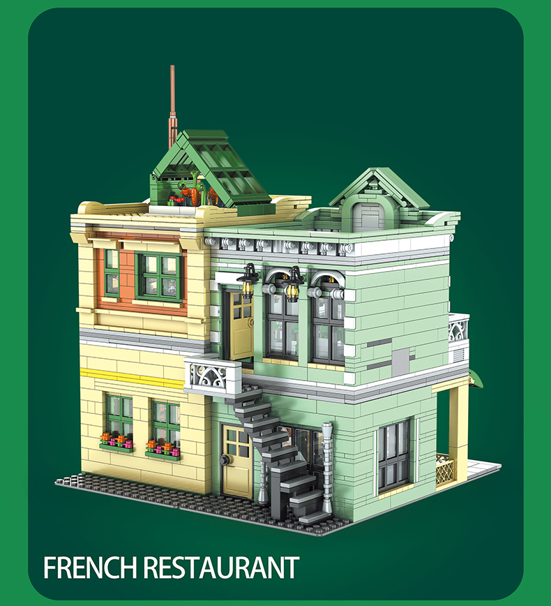 MOLD KING 16023 Street View Serie Französisches Restaurant Baustein-Spielzeug-Set