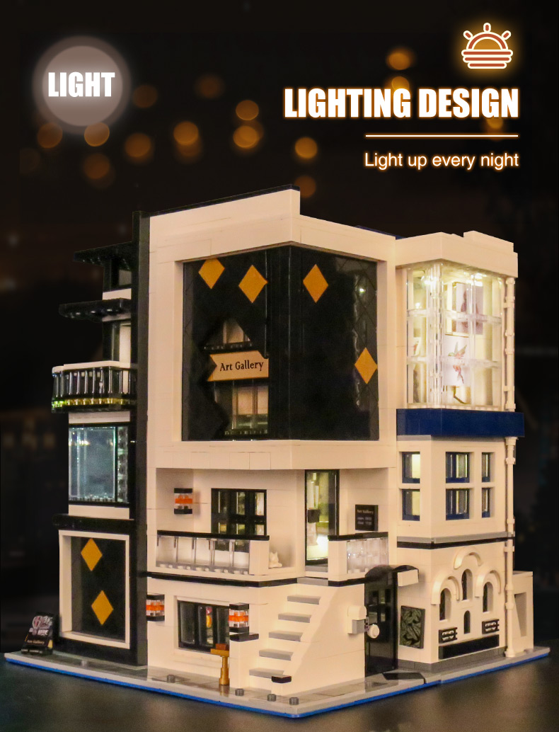 MOLD KING 16043 Street View-Serie Kunstgalerie mit LED-Bausteinen-Spielzeug-Set