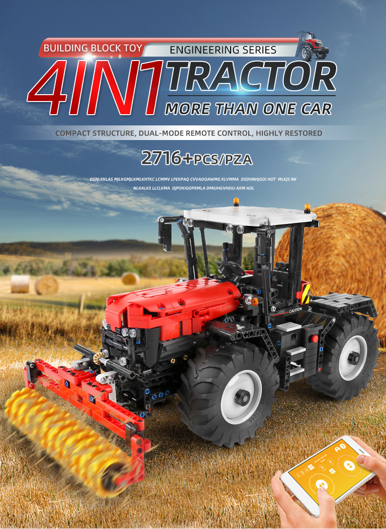 MOLD KING 17020 4-in-1 gelber Traktor-Baustein-Spielzeug-Set