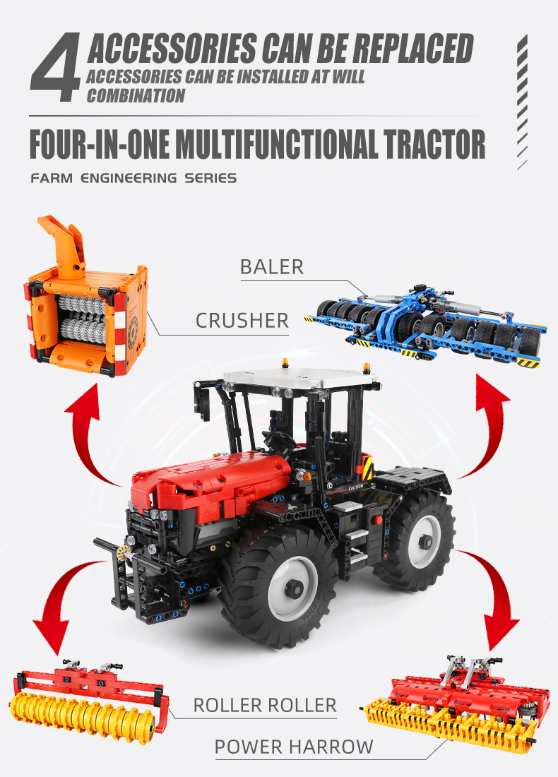 MOLD KING 17020 4-in-1 gelber Traktor-Baustein-Spielzeug-Set