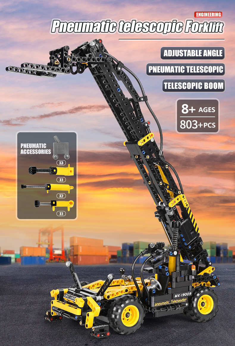 MOULD KING 19009 Engineering Series Pneumatic Telescopic Forklift Building Block Toy Set