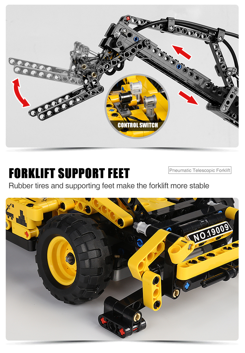 MOULD KING 19009 Engineering Series Pneumatic Telescopic Forklift Building Block Toy Set