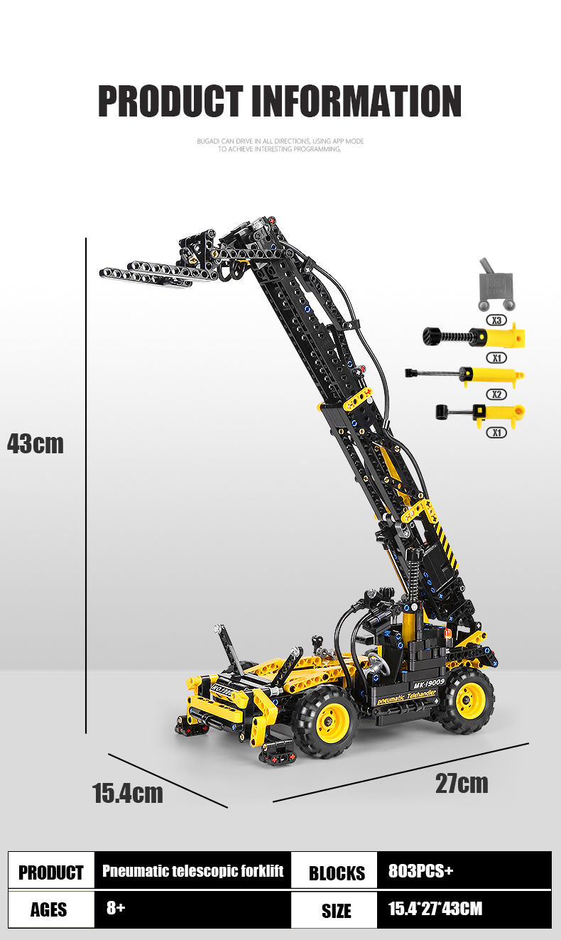 MOULD KING 19009 Engineering Series Pneumatic Telescopic Forklift Building Block Toy Set