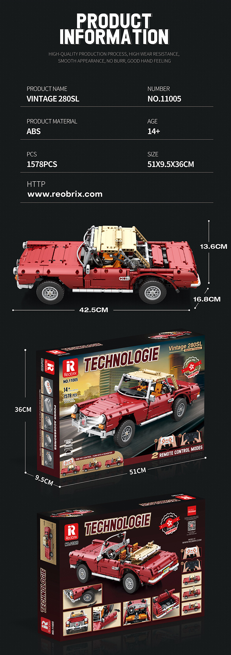 REOBRIX 11005 Mercedes-Benz 280SL Auto Technology Series Juego de juguetes de bloques de construcción