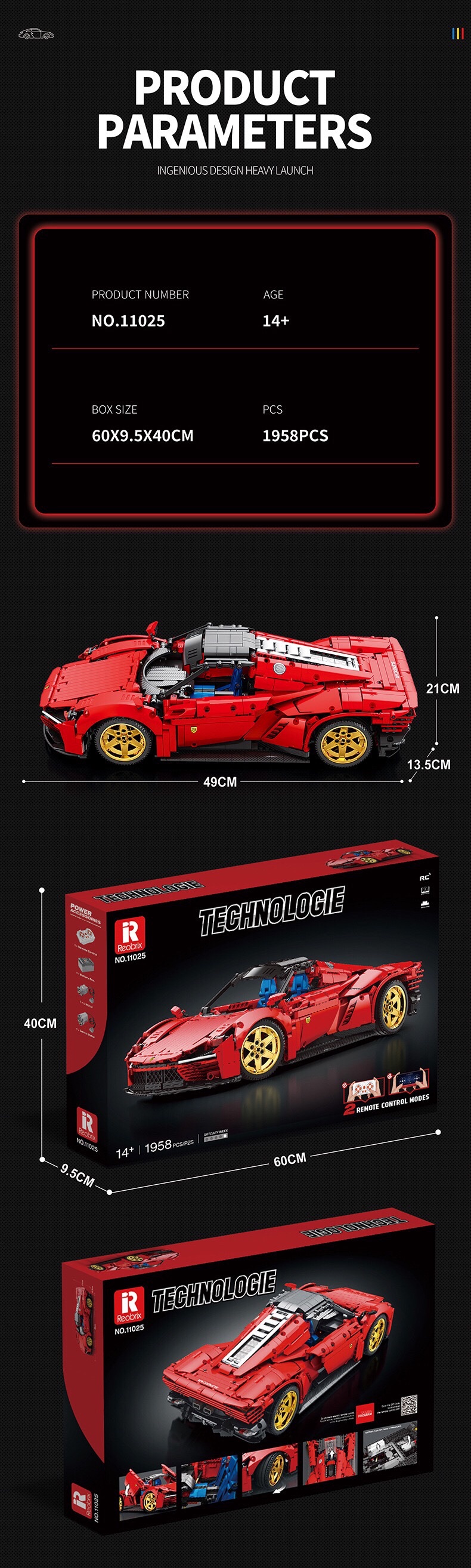 REOBRIX 11025 Ferrari SP3 Sports Car Technology Machinery Series Building Blocks Toy Set