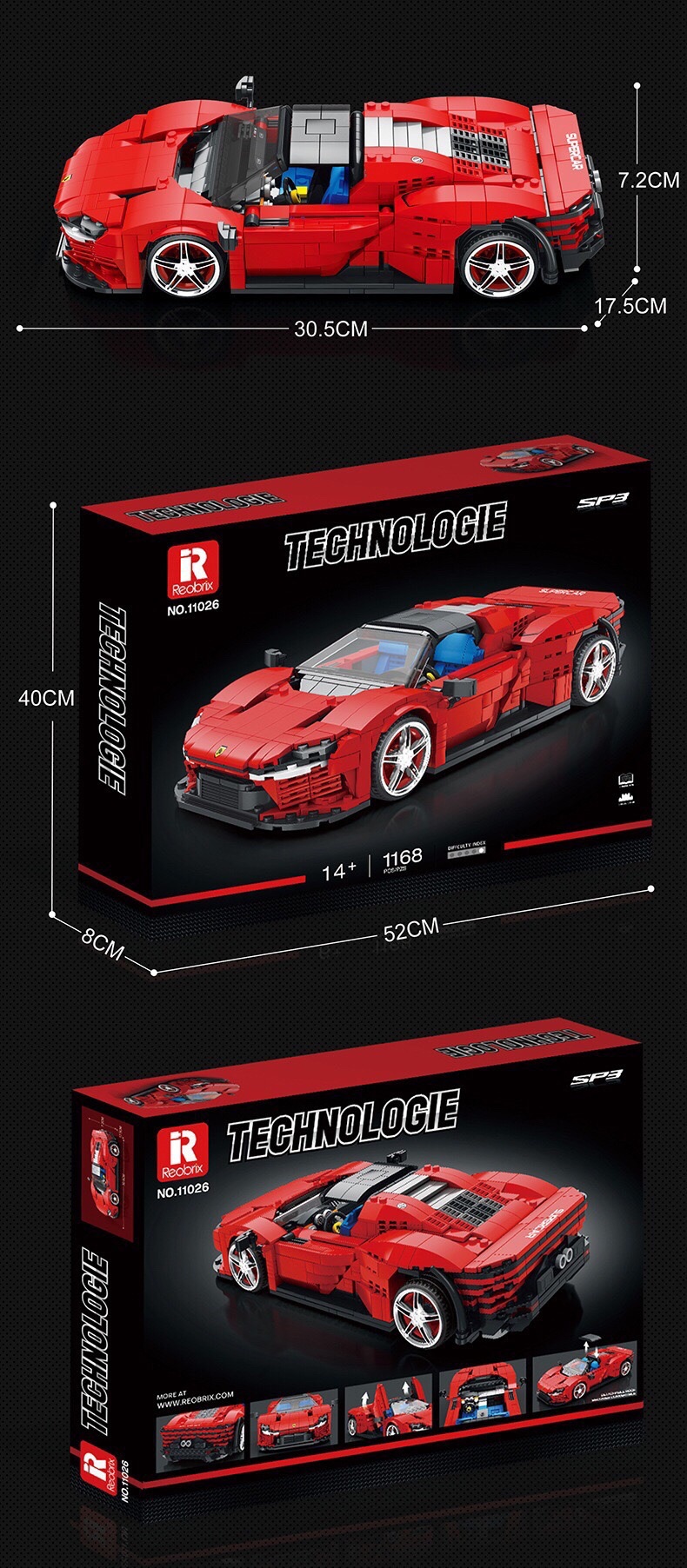 REOBRIX 11026 페라리 SP3 스포츠카 기술 기계 시리즈 빌딩 블록 장난감 세트