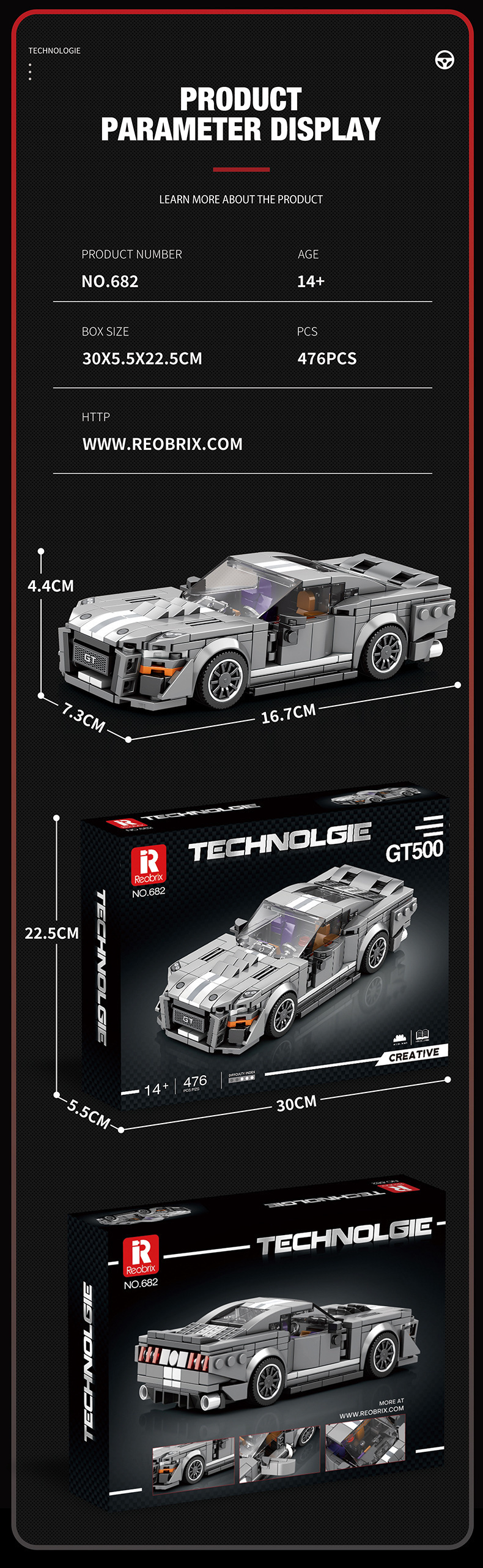 Reobrix 682 GT500 Serie de tecnología de coches deportivos Juego de juguetes de bloques de construcción