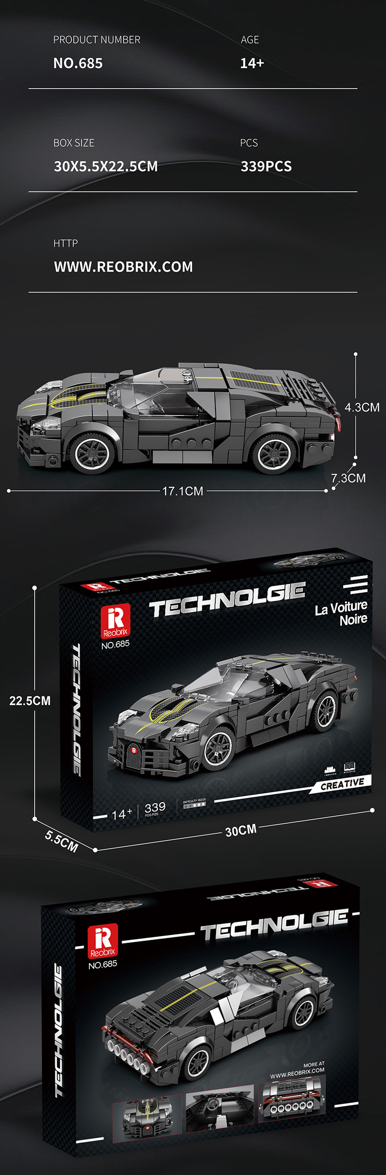 Reobrix 685 La Voiture Noire série technologique de voiture de sport blocs de construction ensemble de jouets