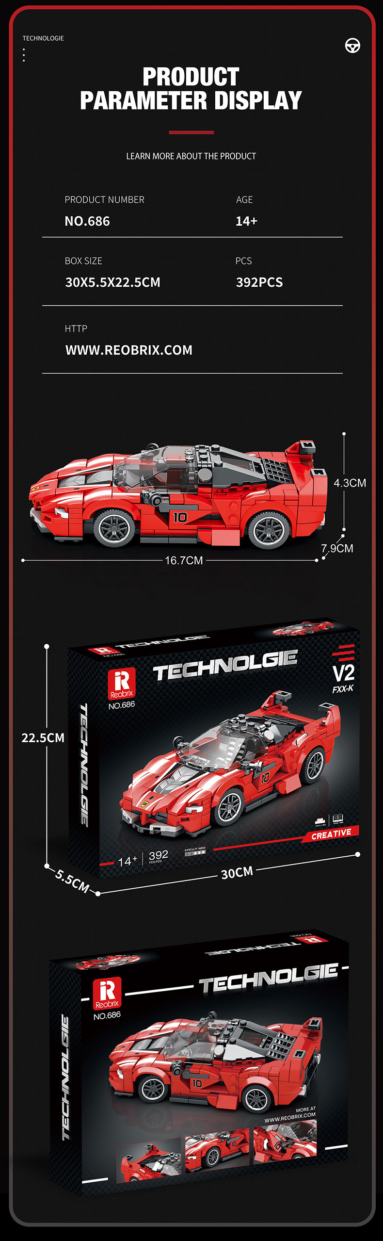 Reobrix 686 V2 FXX-K Serie de tecnología de coches deportivos Juego de juguetes de bloques de construcción