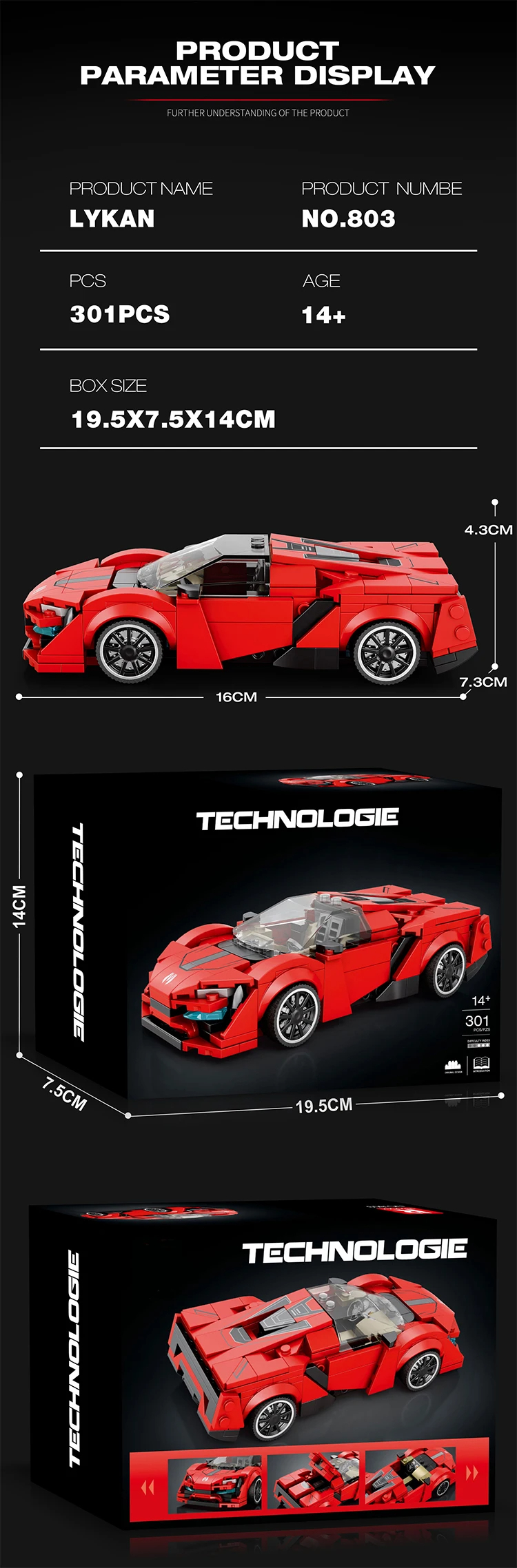 Juego de bloques de construcción de juguetes Lykan de coche deportivo rojo Reobrix 803