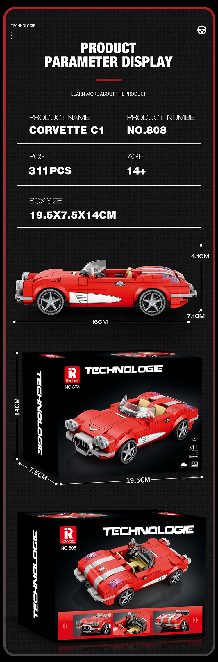 Reobrix 808 Chevrolet Corvette C1 Building Blocks Toy Set