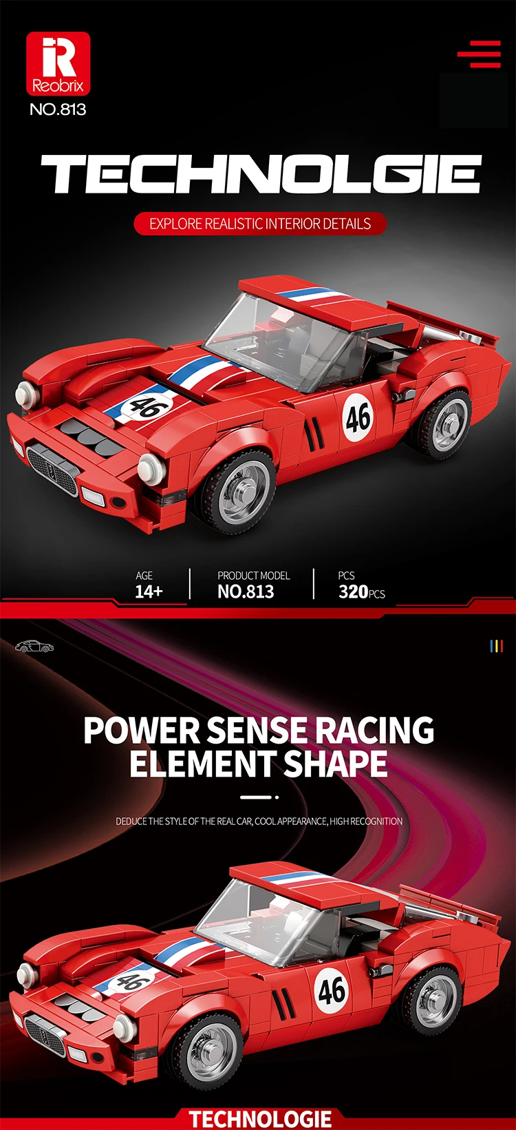 Reobrix 813 Ferrari 250 GTO Building Blocks Toy Set