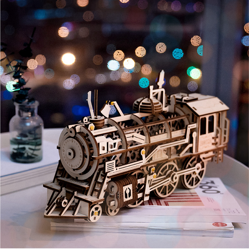 ROKR 3D Puzzle Clockwork Gear Drive Locomotive Wooden Building Toy Kit