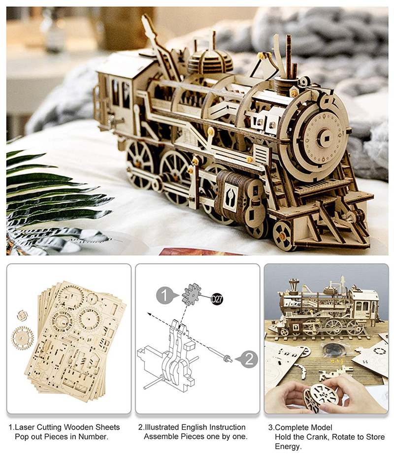 ROKR 3D Puzzle Clockwork Gear Drive Locomotive Wooden Building Toy Kit