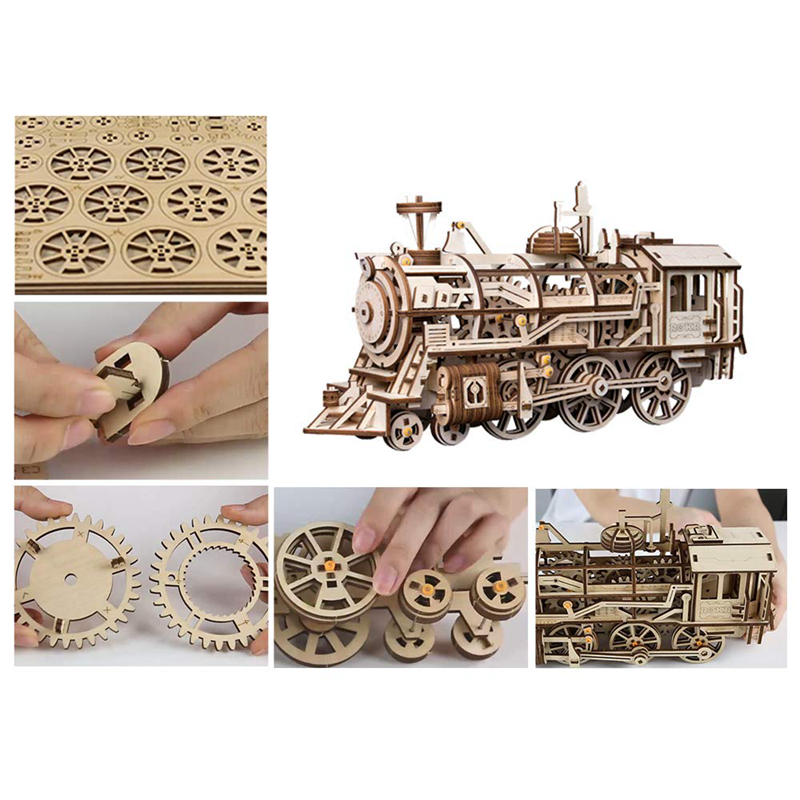 ROKR 3D Puzzle Clockwork Gear Drive Locomotive Wooden Building Toy Kit