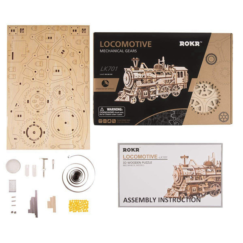 ROKR 3D Puzzle Clockwork Gear Drive Locomotive Wooden Building Toy Kit