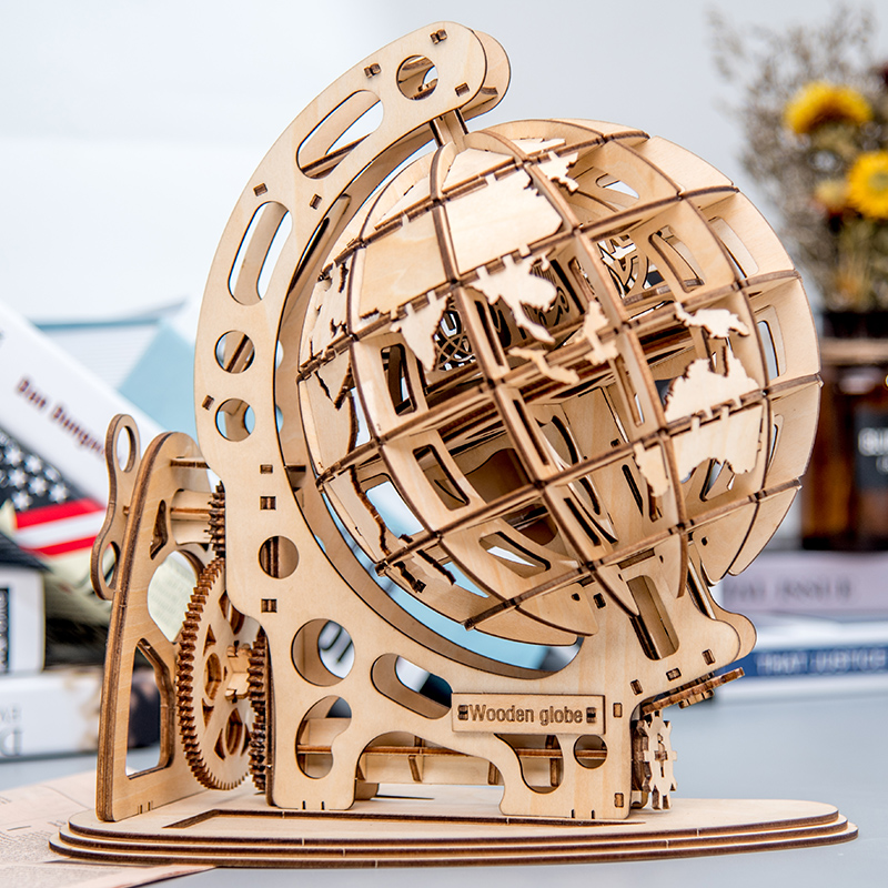 ROKR Puzzle 3D Rotatif Globe 3D Découpage Laser Kit de Jouets de Construction en Bois