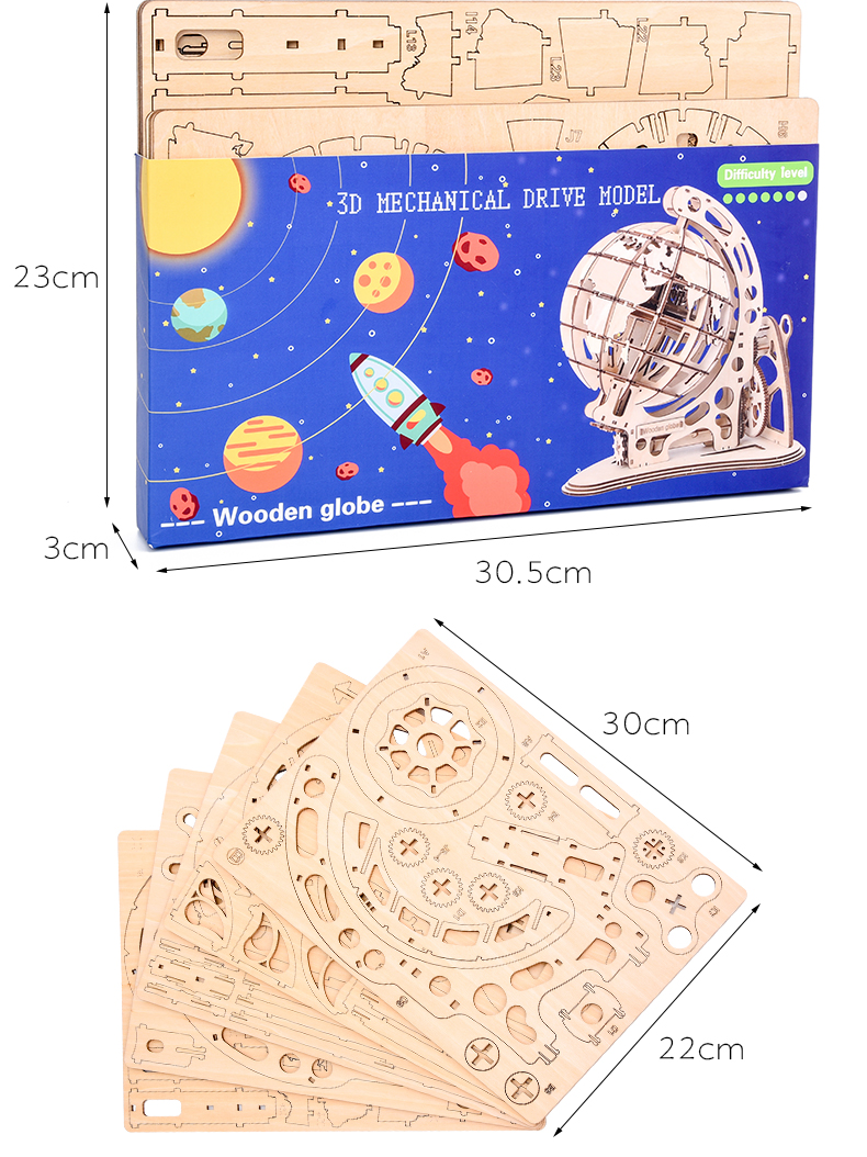 ROKR 3D Puzzle Rotativo 3D Globo de corte por láser Kit de juguete de construcción de madera