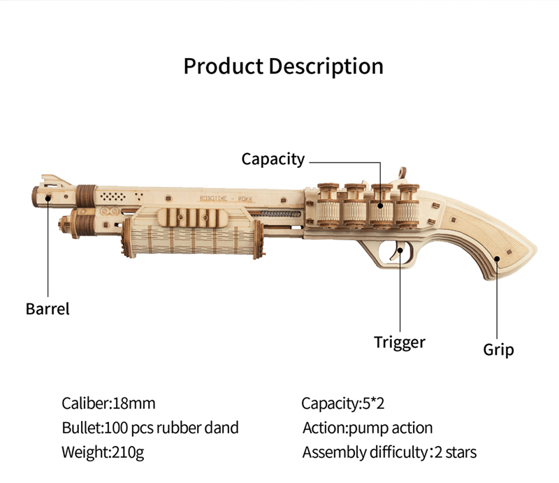 ROKR 3D Puzzle Scatter with Rubber Band Bullet Wooden Gun Building Toy Kit