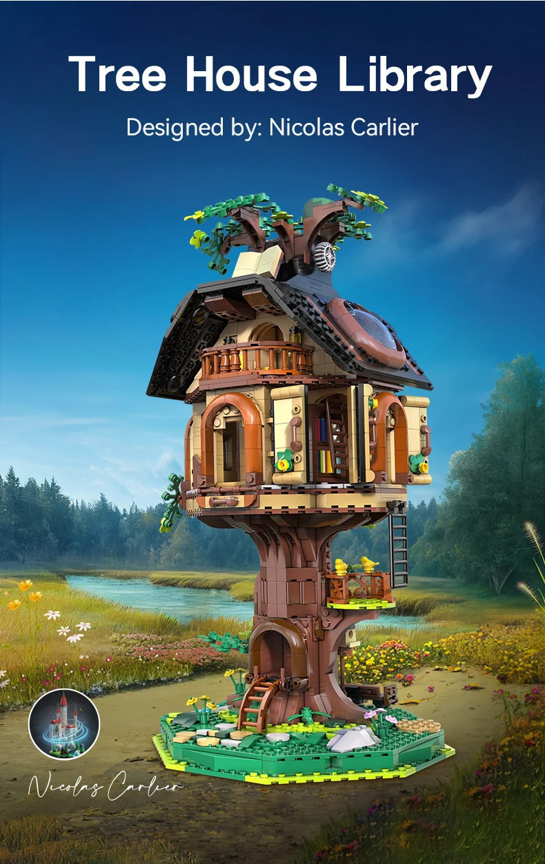 Juego de bloques de construcción de biblioteca en forma de casa del árbol CADA C66013