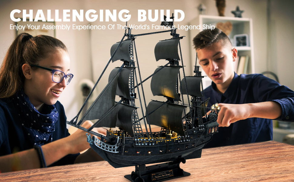 Cubicfun 3D Puzzle Large Queen Anne's Revenge Sailboat L522h With LED Lights Model Building Kits