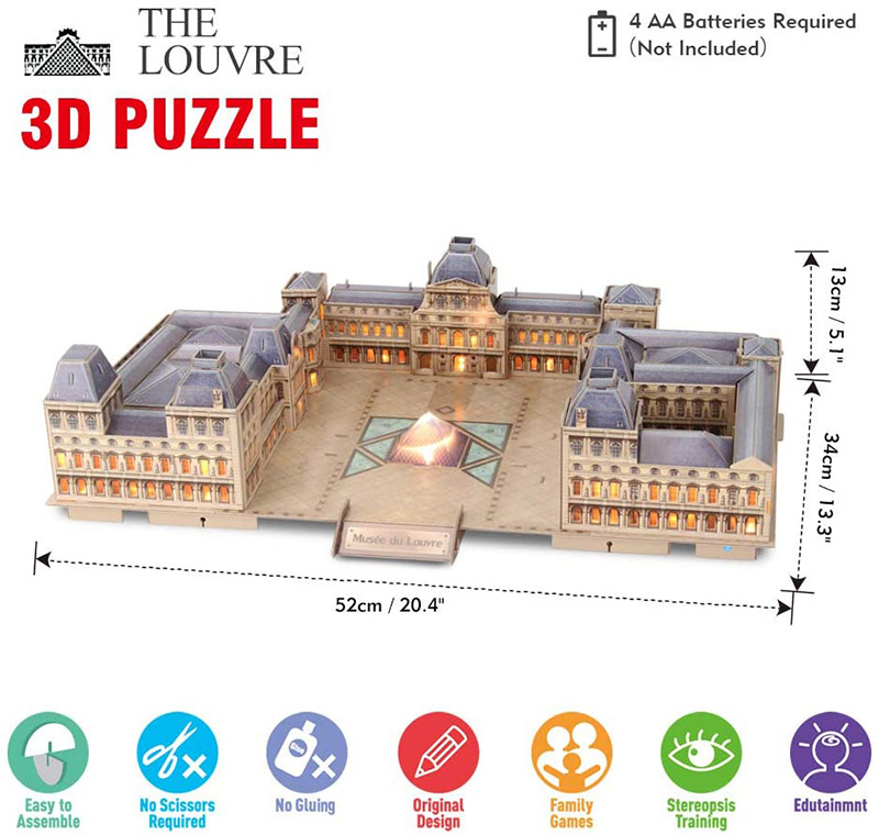 Cubicfun 3D Puzzle The Louvre L517h With LED Lights Model Building Kits